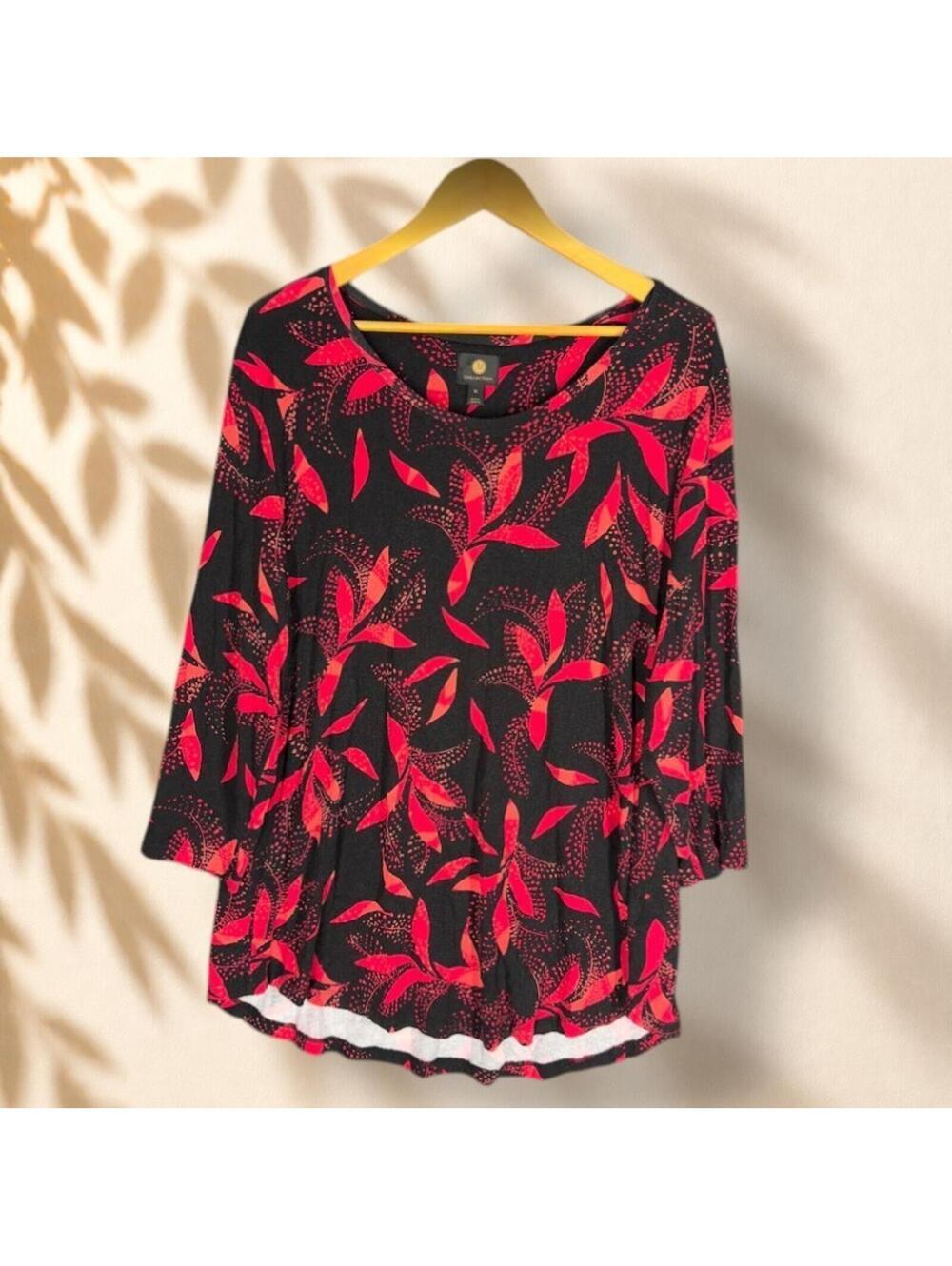 JM Collection Blouse Women XL Black Floral Long Sleeve Round Neck Rayon Casual